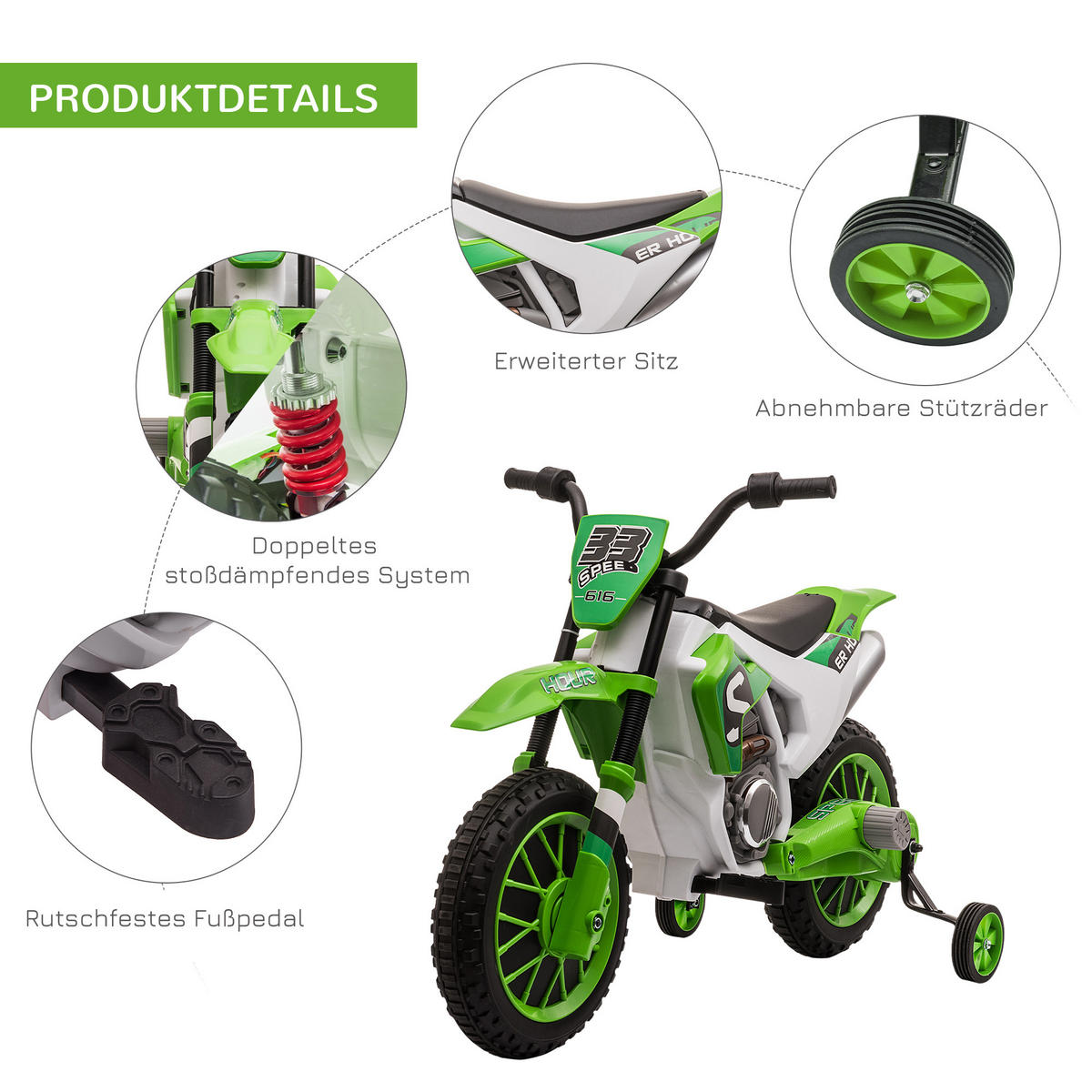 ELEKTRO KINDERMOTORRAD, Blau/Grün/ Rot, PP+ Metall - Grün, Kunststoff (106.5/51.5/68cm) - HOMCOM
