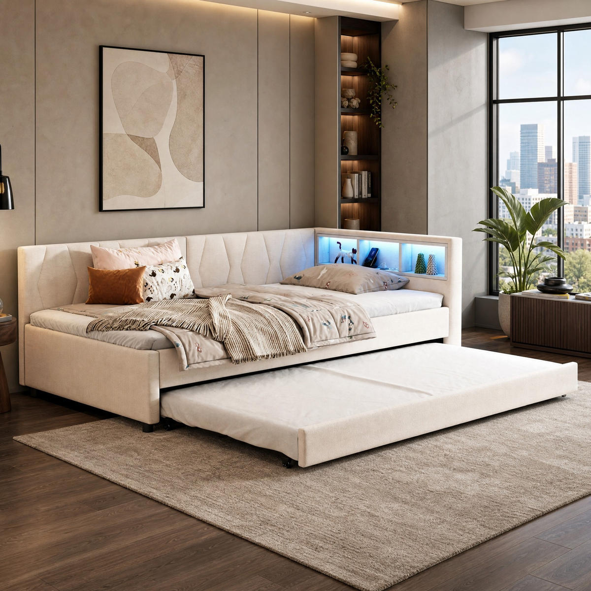 POLSTERBETT 90/200 mit Ausziehbett, LED-Lichtleiste, Ablagefach, USB + Typ-C und Leinen in Beige - Beige, Holzwerkstoff/Textil (90/200cm) - EVRYAE