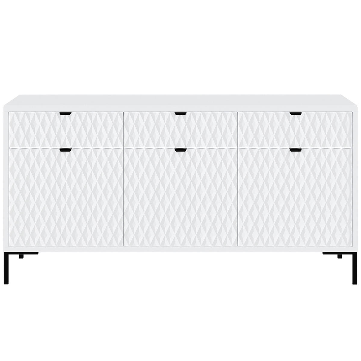 KOMODA Montreal se 3 dvířky a 3 zásuvkami, dekorativní 3D čela, 150 cm, bílá - bílá/černá, kov/kompozitní dřevo (150/85/40cm) - Beautysofa