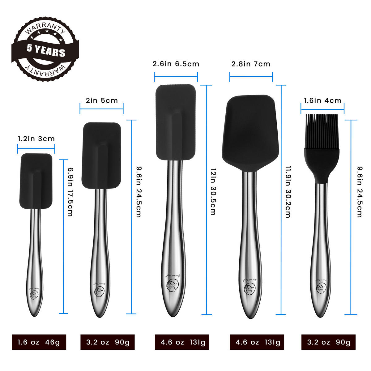 SILIKON-SPATEL-SET 5-teilig, schwarze Küchenhelfer, hitzebeständig mit Teigschaber & Pinsel - Schwarz, Metall - Gourmet Easy