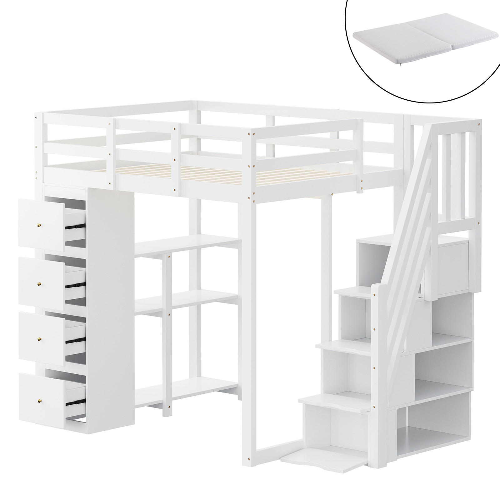 HOCHBETT 140/200 cm Weiß mit Matratze mit Aufbewahrungsschublade und Sicherheitsleiter - Weiß, Holzwerkstoff (140/200cm) - OKWISH