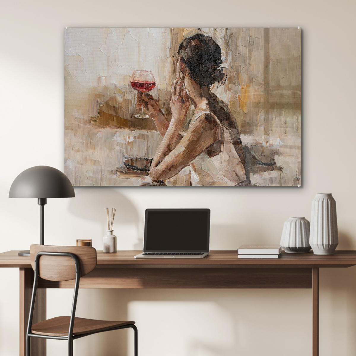 ACRYLGLASBILD Ölgemälde - Frau - Wein 120x80 cm - Hellbraun, Glas (120/80cm) - MuchoWow