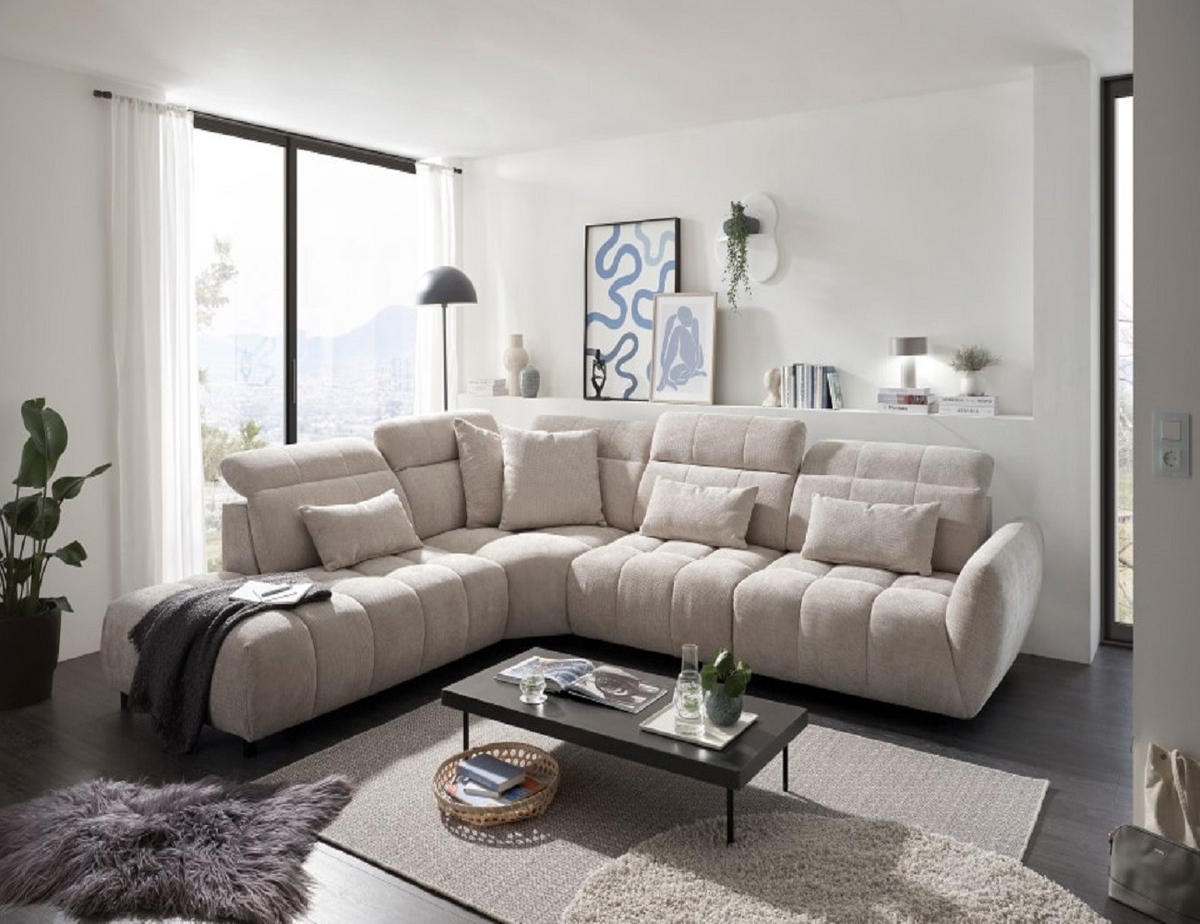 ECKSOFA mit verstellbaren Kopflehnen und Nosagfederung - Beige, Textil (339/285cm) - ed exciting design