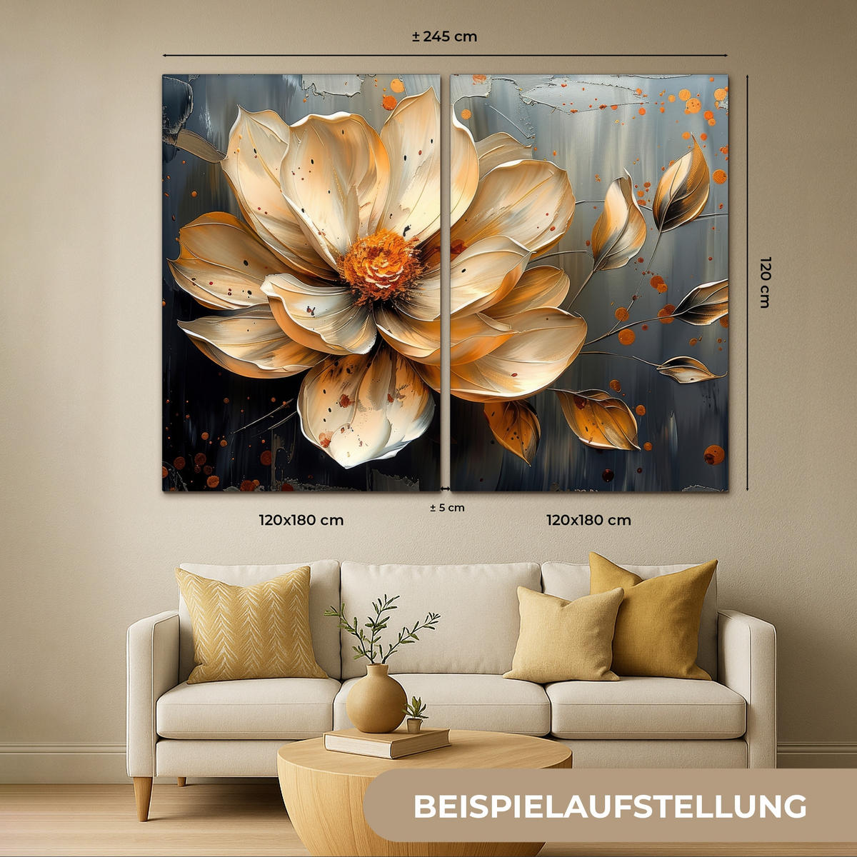 LEINWANDBILD 2er Set Blume - Gold - Abstrakt - Farbe 240x180 cm - Creme, Textil (240/180cm) - MuchoWow