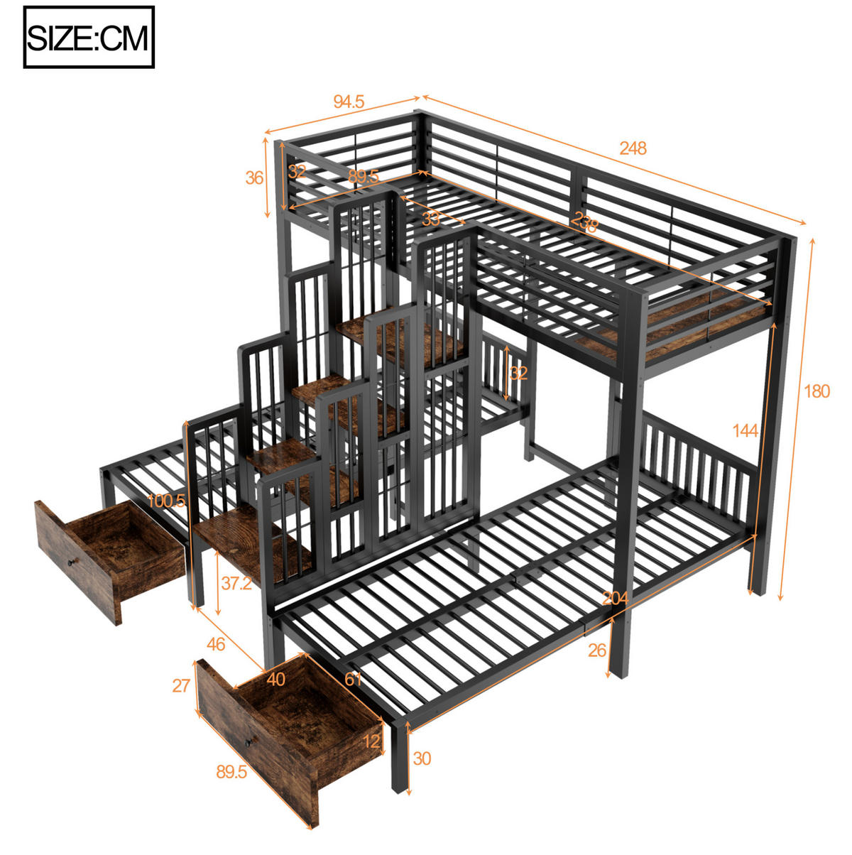 ETAGENBETT aus Metall und Holz 90x200 cm Schwarz mit Treppe, Sicherheitsgeländern und 2 Schubladen - Schwarz, Metall (90/200cm) - Modfu