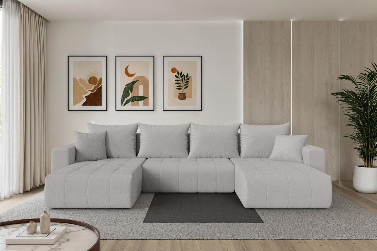 SEDACÍ SOUPRAVA DO U s funkcí spaní a úložným prostorem MILA-U 378x194x86 světle šedá bouclé - černá/stříbrná, kompozitní dřevo/textil (378/86/194cm) - ALTDECOR