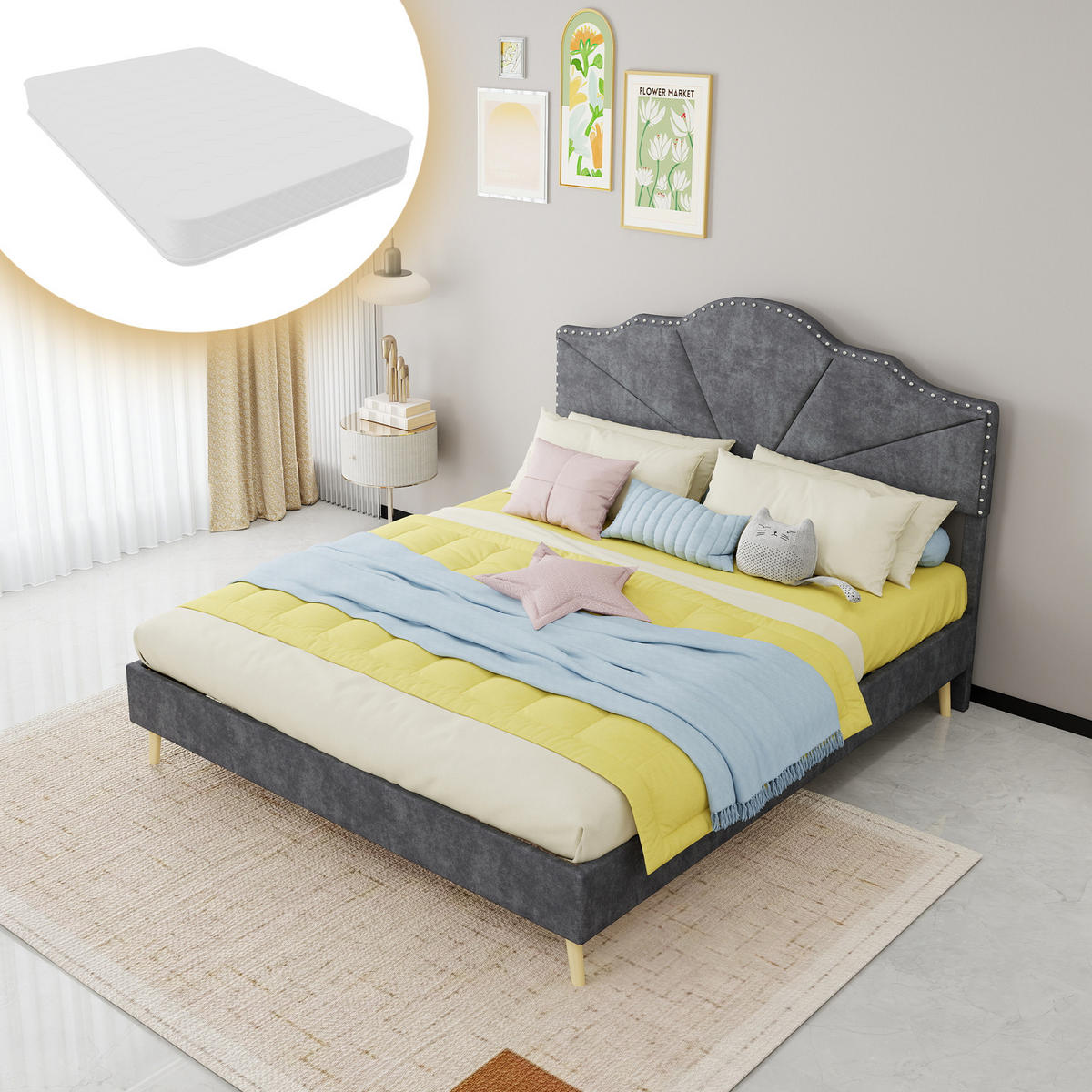 POLSTERBETT 160/200 cm DE-32963 mit Kopfteil und Matratze Grau - Grau, Metall (160/200cm) - ComfortXL