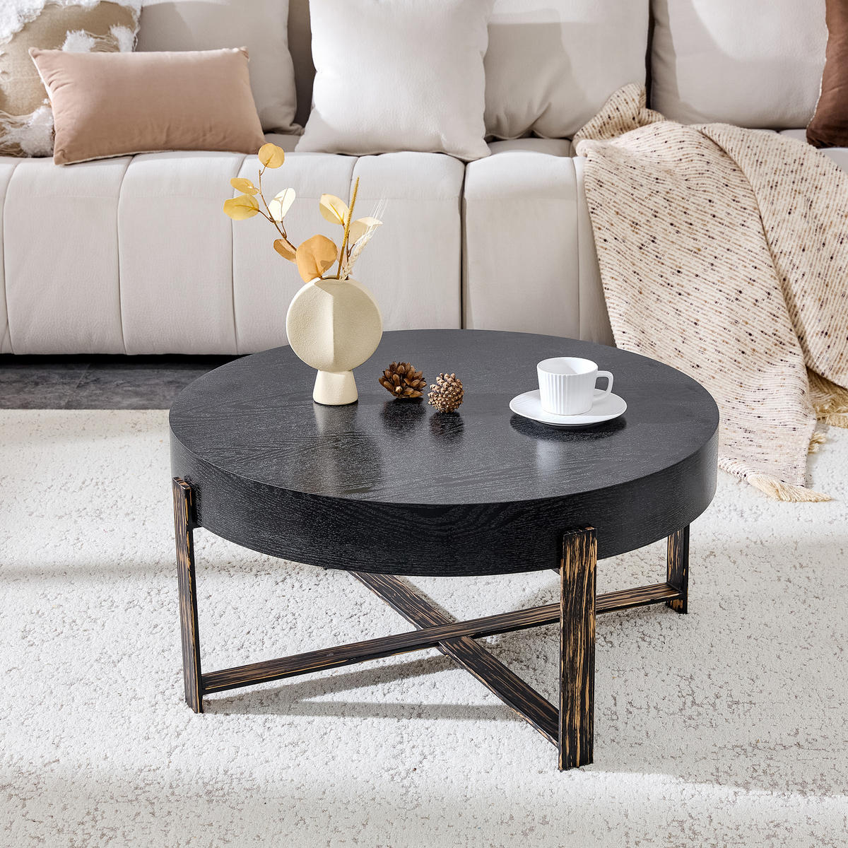 COUCHTISCH 68/68/36 cm Schwarz aus Holzwerkstoff mit Metallgestell in Antikbronze und runder Tischplatte - Schwarz, Holzwerkstoff (68/68/36cm) - OKWISH