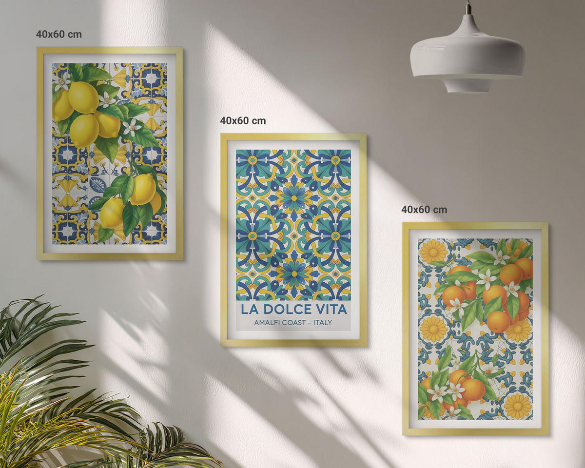 WANDBILDER 3er Set - 40x60 cm Goldrahmen - Zitronen, Orangen, Blumen, Italien - Goldfarben, Kunststoff (40/60cm) - ArtPrintCave