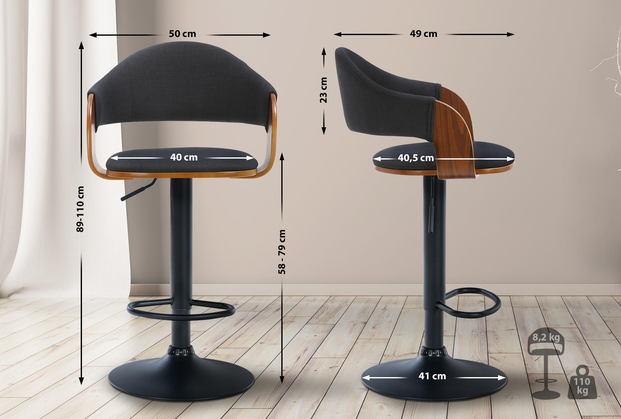 BARHOCKER Stoff walnuss/schwarz - Schwarz, Textil/Metall (50/89/49cm) - CLP