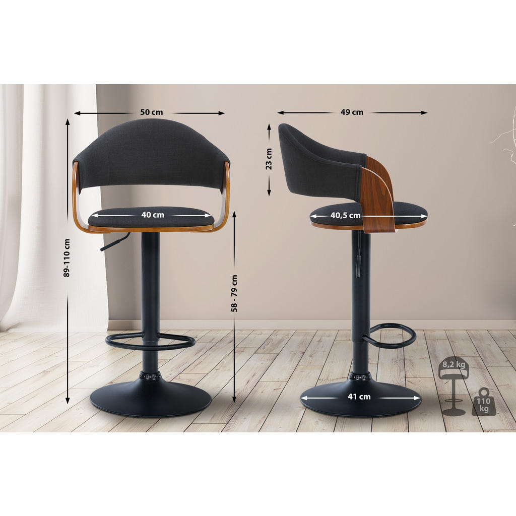 Thumbnail - CLP Barhocker, Schwarz, Walnuss, Textil, 50x89x49 cm, Esszimmer, Barmöbel, Barhocker