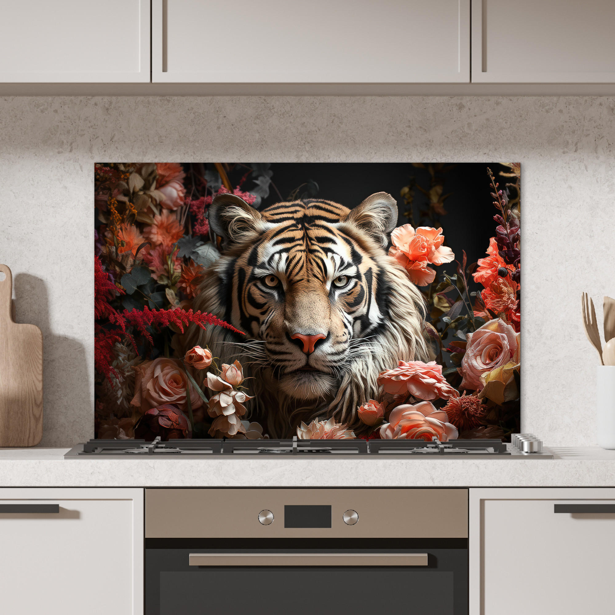 SPRITZSCHUTZ KÜCHE Tiger - Tier - Natur - Floral - Botanisch 90x60 cm - Orange, Metall (90/0.3/60cm) - MuchoWow