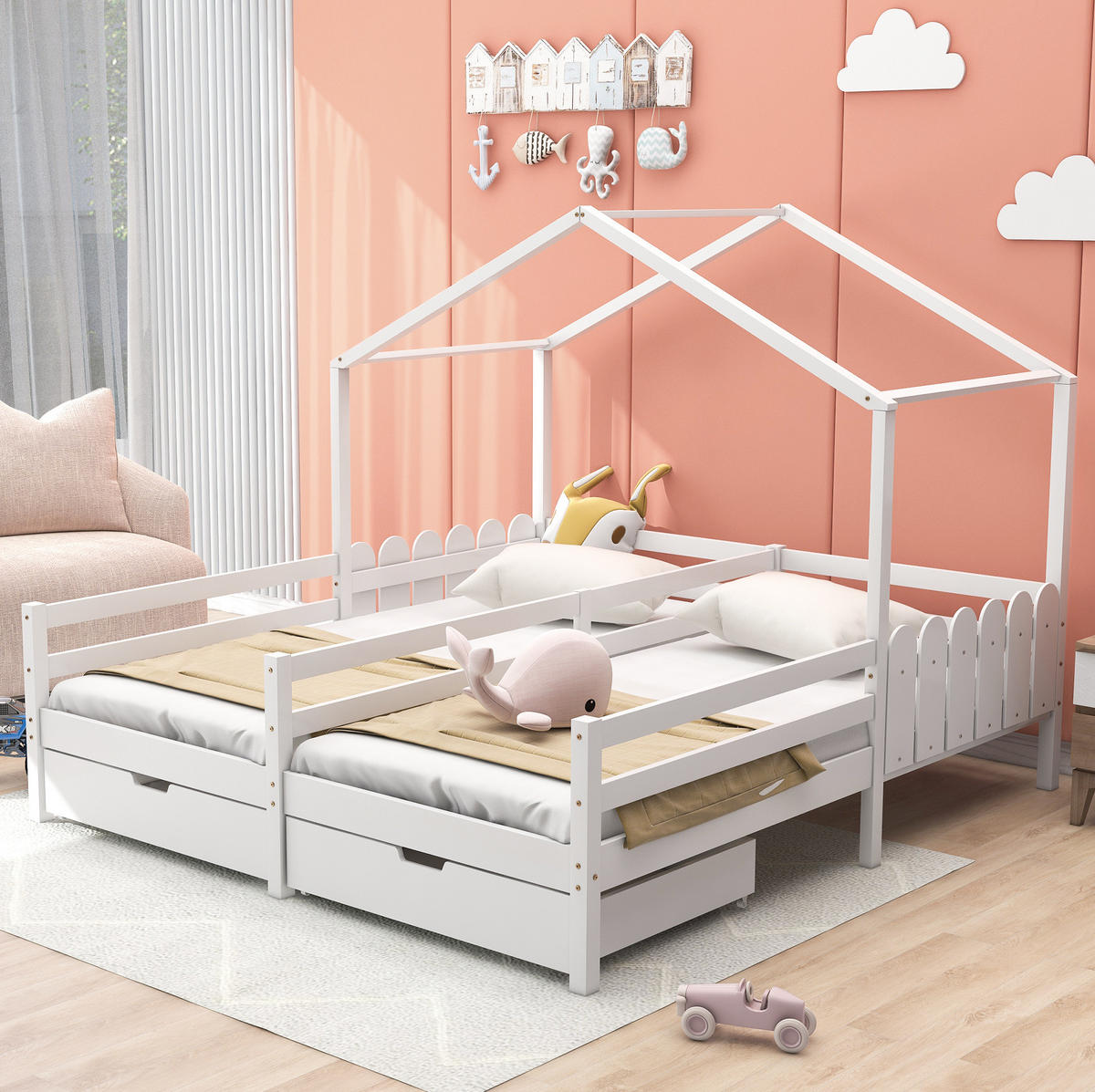 HAUSBETT 90/200 cm in Weiß – Doppelbett mit Dach und 2 Schubladen - Weiß, Holz (90/200cm) - BEAOK