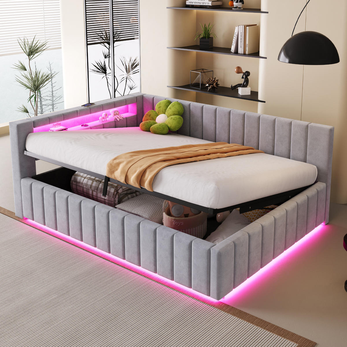 POLSTERBETT 140/200 cm aus Samt mit LED-Licht und USB-Anschluss, Grau - Grau, Textil (140/200cm) - OKMYHOME