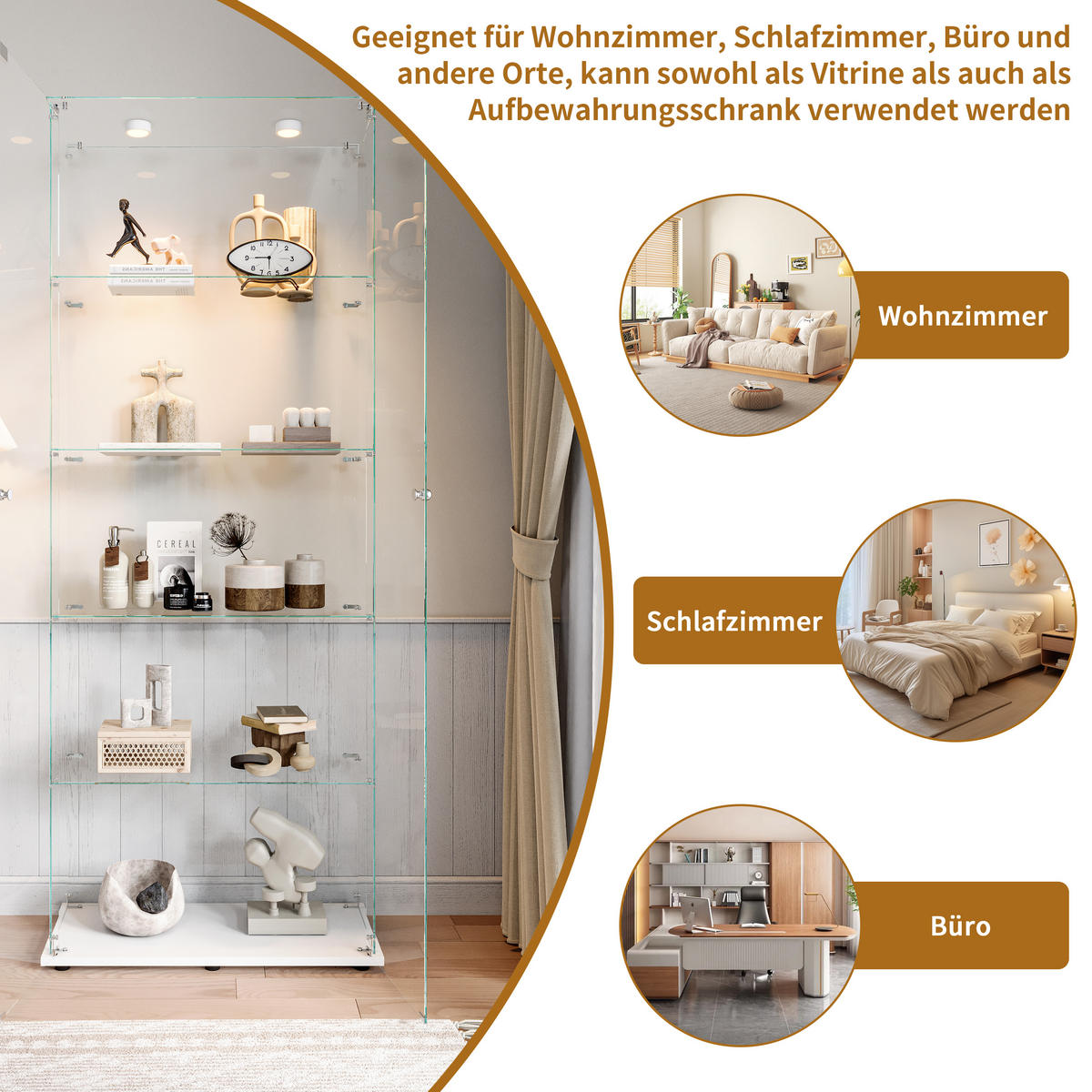 GLASVITRINE 187x77x35 cm 2 Türen LED Touch freistehend weiß - Weiß, Holz (78.5/186.5/34.5cm) - LEBENLANG
