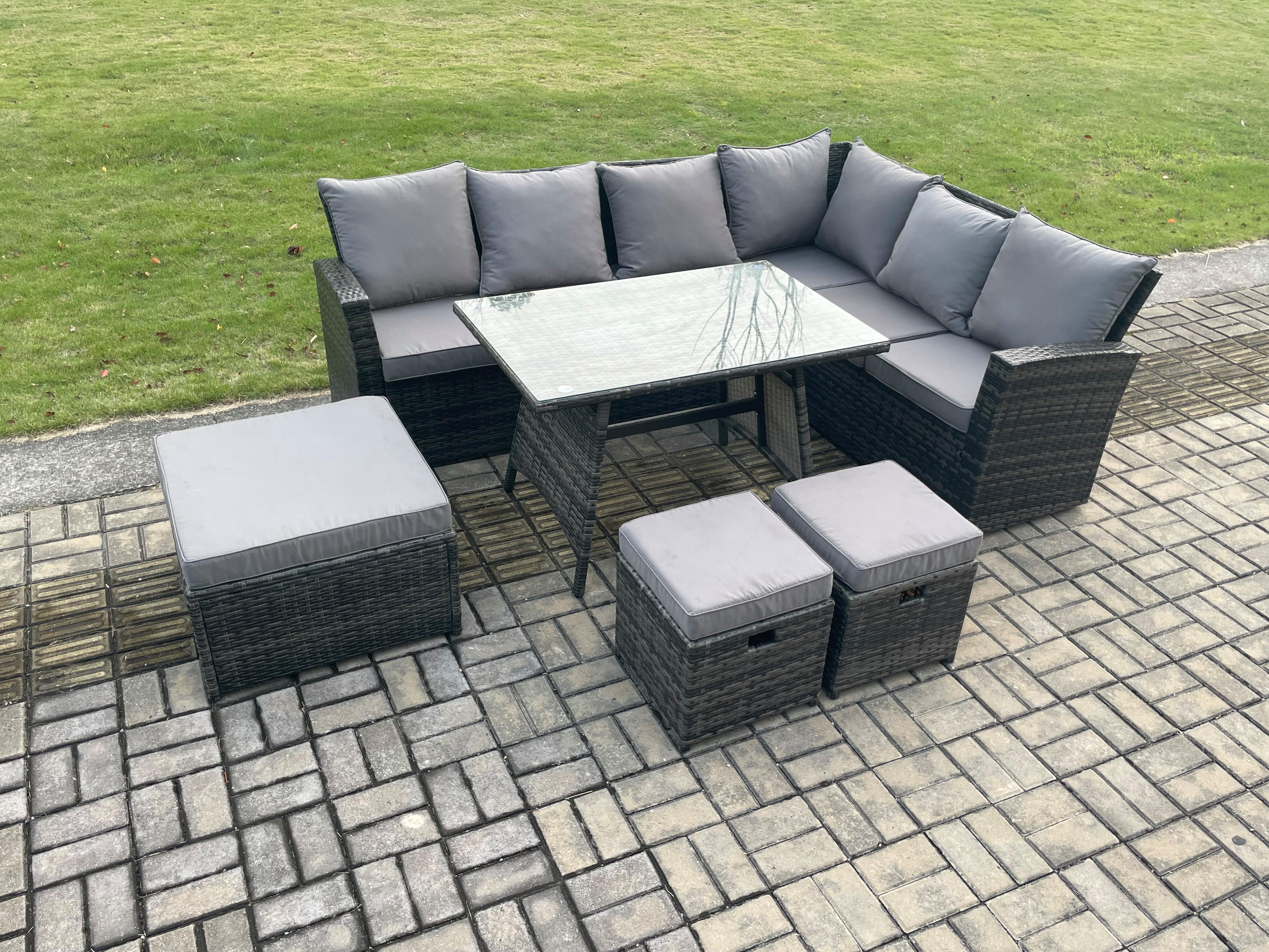 GARTENSOFA SET Hohe Rückenlehne Polyrattan Dunkelgrauer Mix 6-Sitzer - Dunkelgrau/Grau, Glas/Kunststoff - Fimous