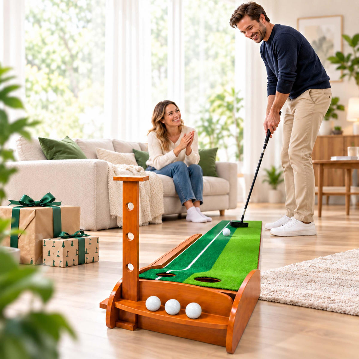PUTTINGMATTE Natur Grün automatische Ballrückgabe 300 cm - Multicolor, Holz/Kunststoff (37.5/300cm) - Relaxdays