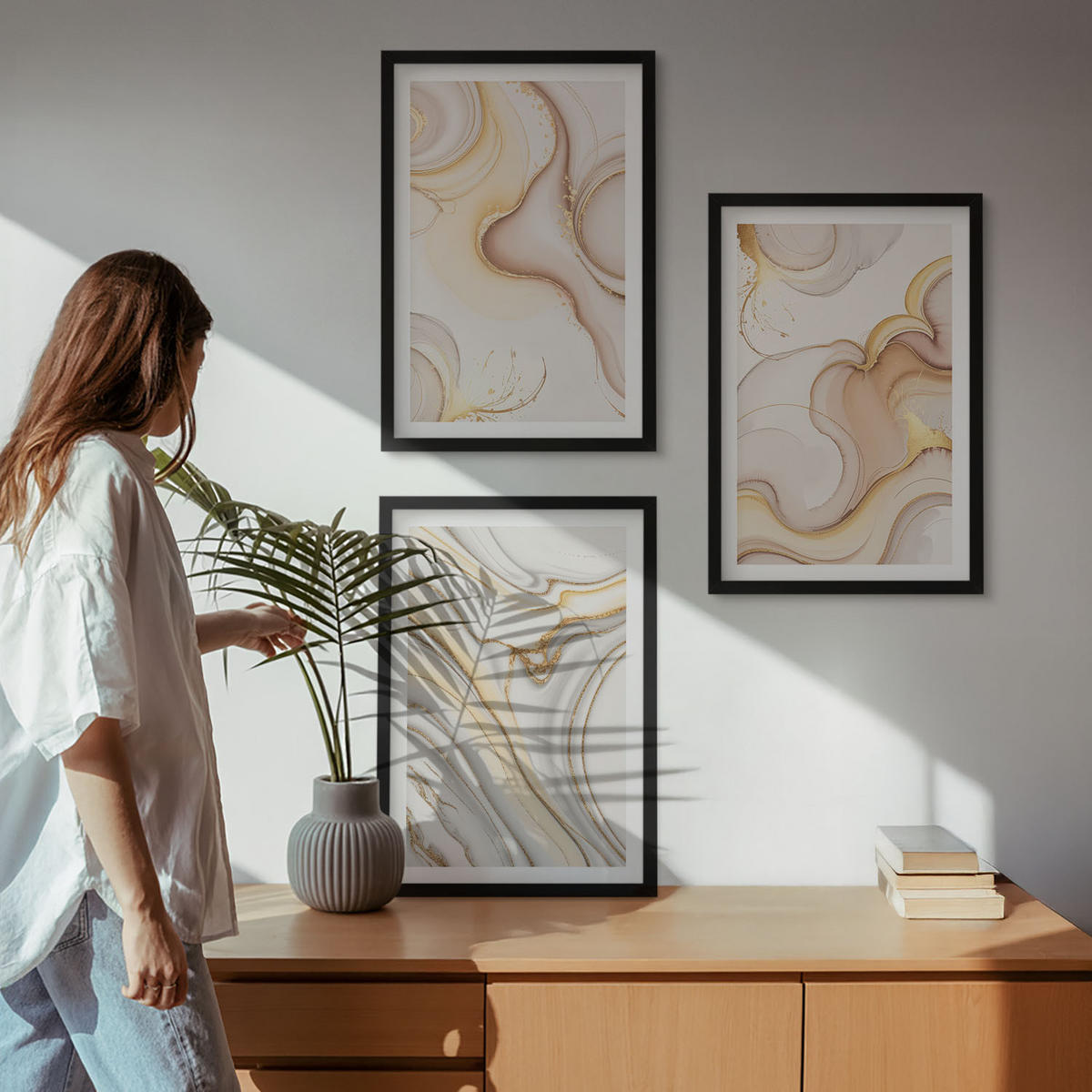 WANDBILDER 3er-Set - 40x60 cm Schwarzer Rahmen - Lineare abstrakte Motive - Schwarz, Kunststoff (40/60cm) - ArtPrintCave