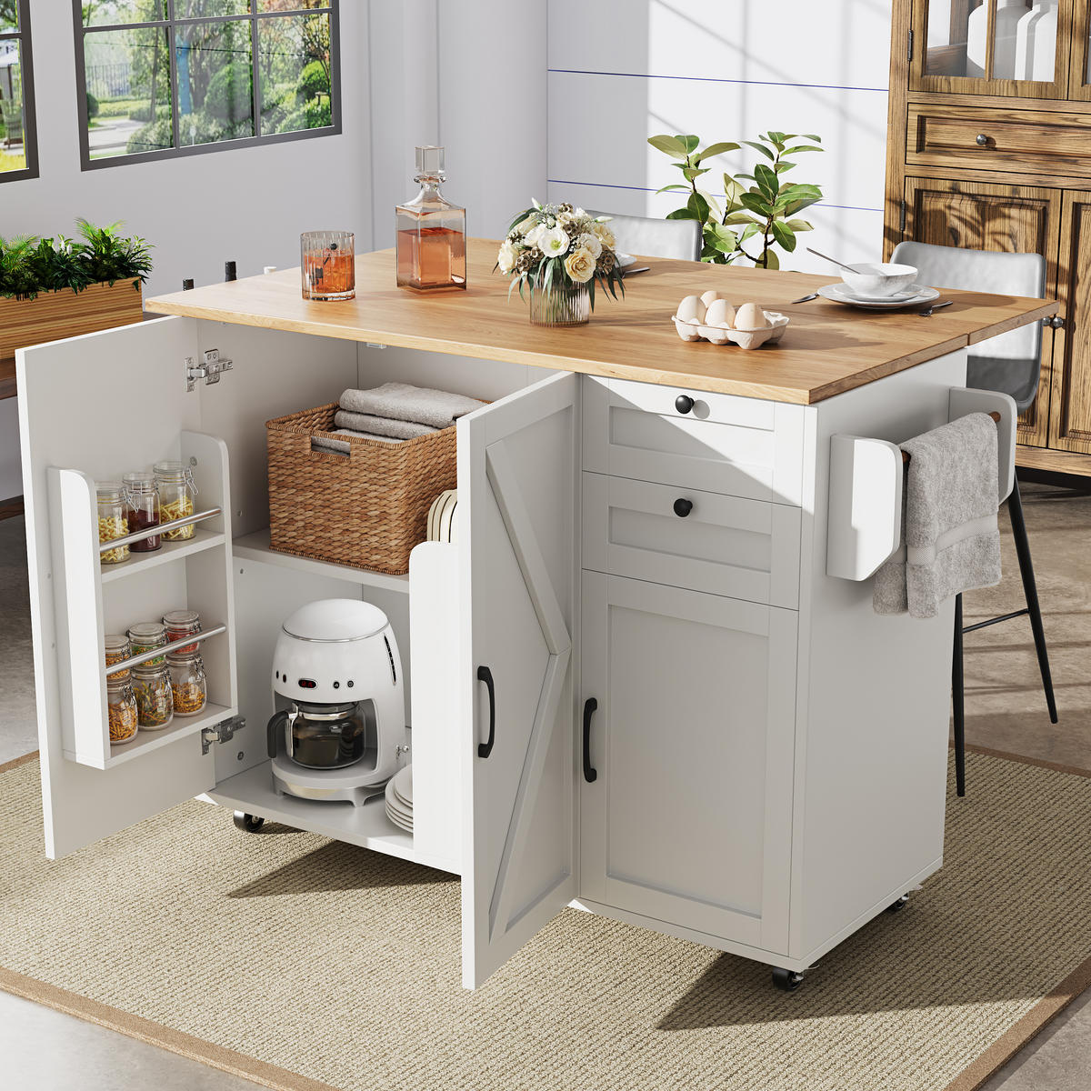 KÜCHENINSEL in Weiß Servierwagen mit Speicherraum und Snackregalen für Küche und Esszimmer, B120/T43.2/H92 cm - Weiß, Holzwerkstoff/Metall (120/92/43.5cm) - STILVORA