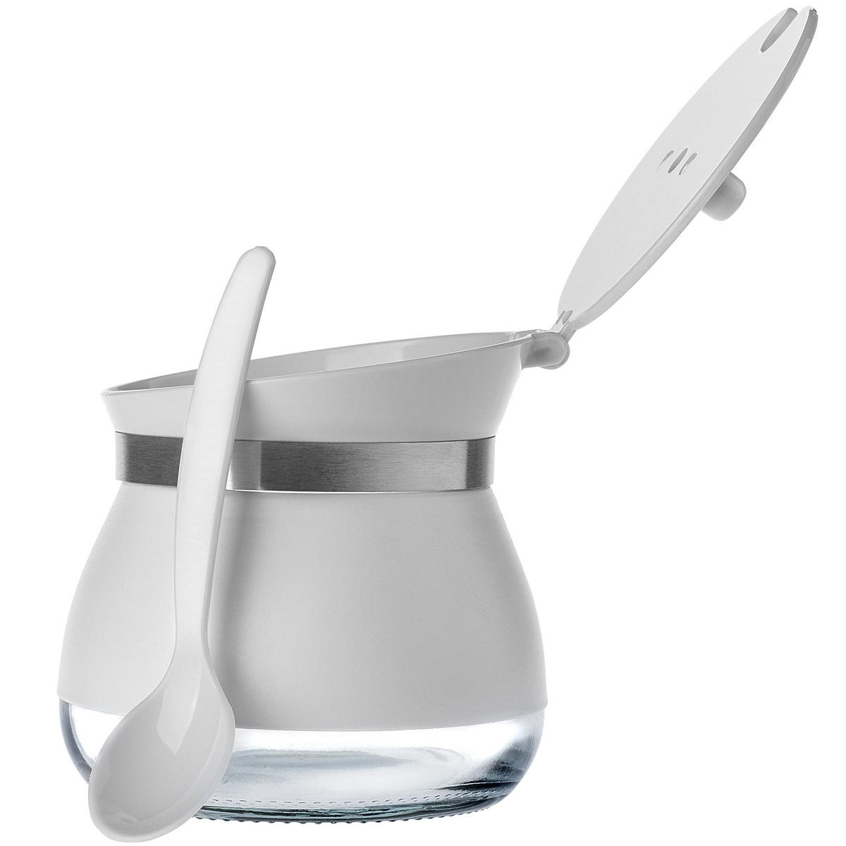 ZUCKERDOSE aus Glas mit Löffel, 270 ml, Weiß - Weiß, Glas (9/9cm) - KADAX