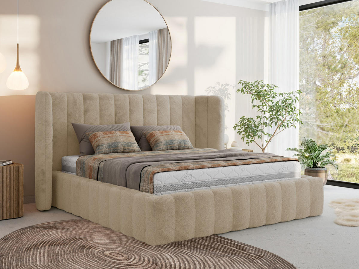 POLSTERBETT GOLETTA CLASSIC 160/200 - Creme Plüsch - Schaum-Matratze - Creme, Textil (160/200cm) - MKS