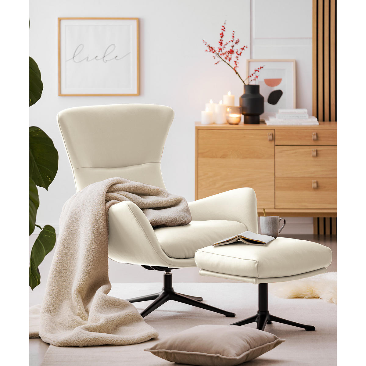 HOCKER mit Kreuzfuß - Schwarz/Weiß, Leder/Metall (54/41/41cm) - home24