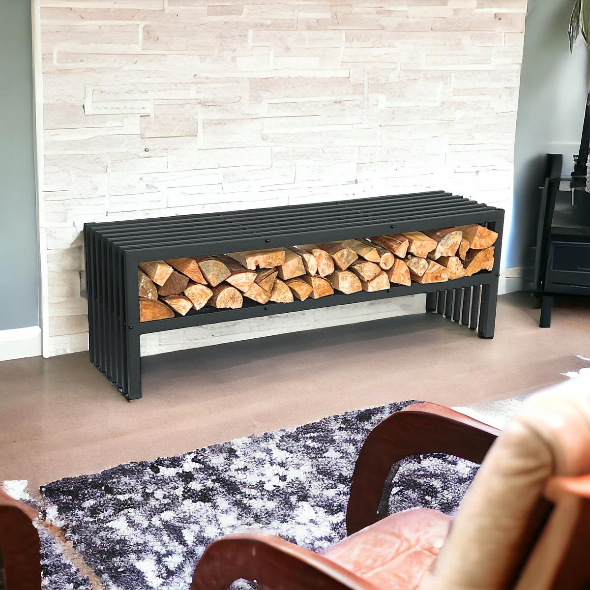 KAMINHOLZREGAL Innen mit Sitzbank Metall Schwarz 150 cm - Schwarz, Metall (150/50/40cm) - DanDiBo