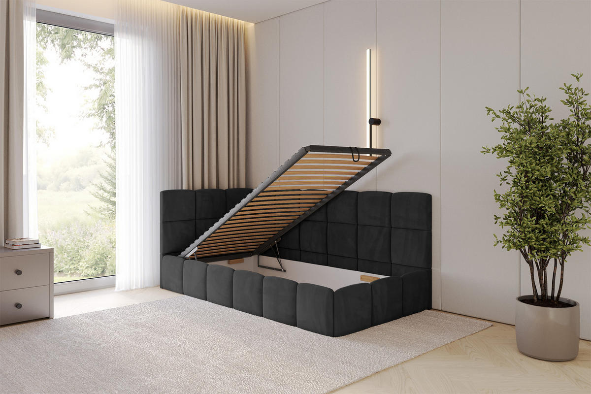 EINZELBETT Jugendbett mit Bettkasten Rechts, ohne Matratze - LIVY 80x200 Schwarz - Schwarz, Holzwerkstoff/Textil (80/200cm) - ALTDECOR