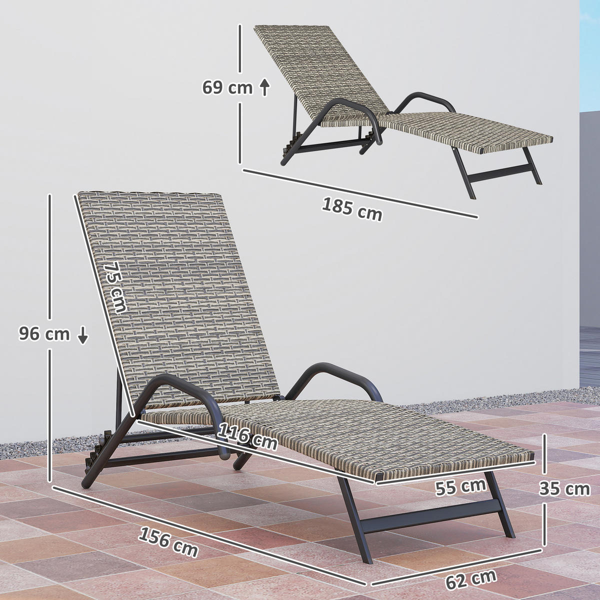 SONNENLIEGE DE-13633 4-fach verstellbar, S-Form Braun - Braun, Metall (62/96/156cm) - ComfortXL