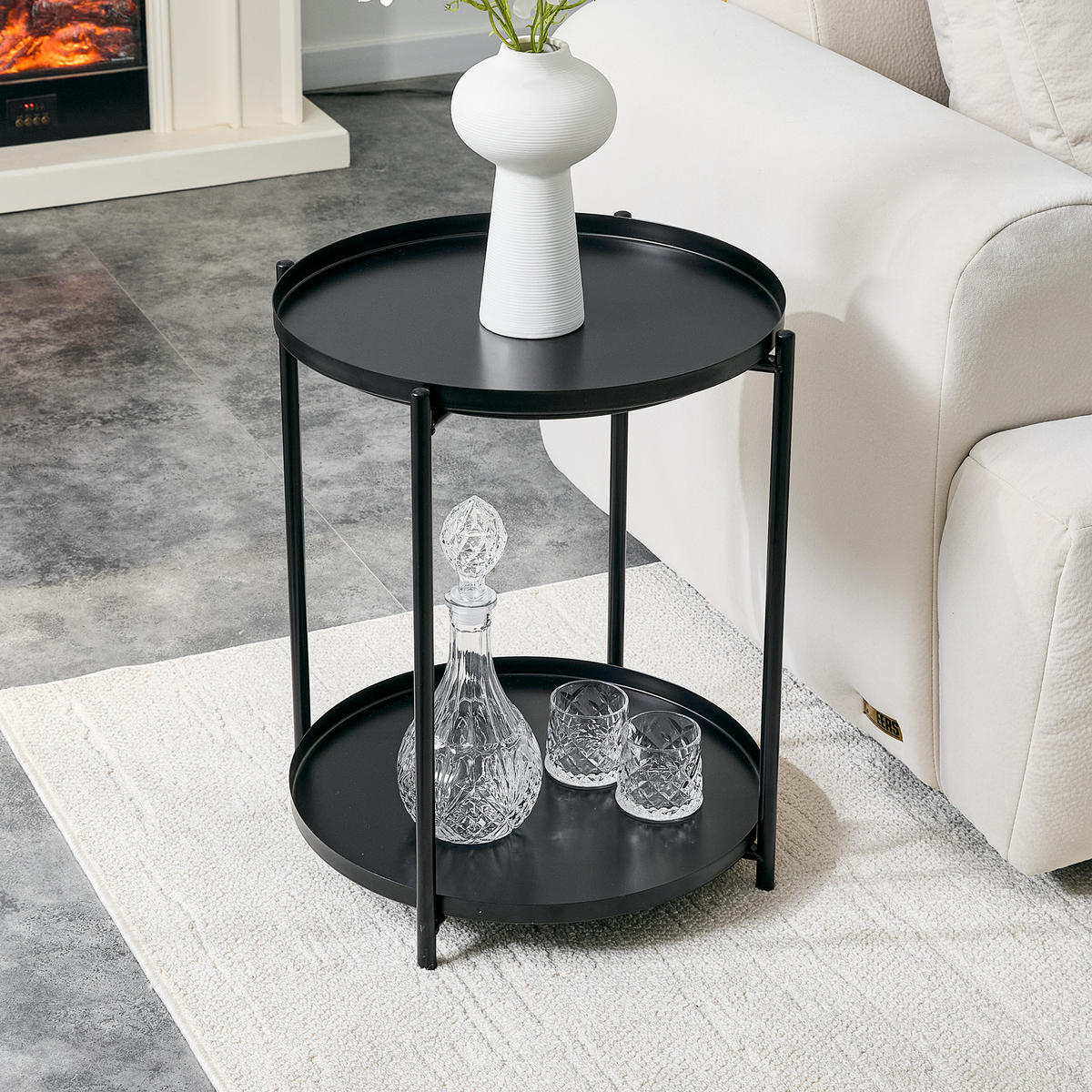 BEISTELLTISCH Schwarz mit 2 Ablagen 42/42/52 cm - Schwarz, Metall (42/42/52cm) - PANGIVO