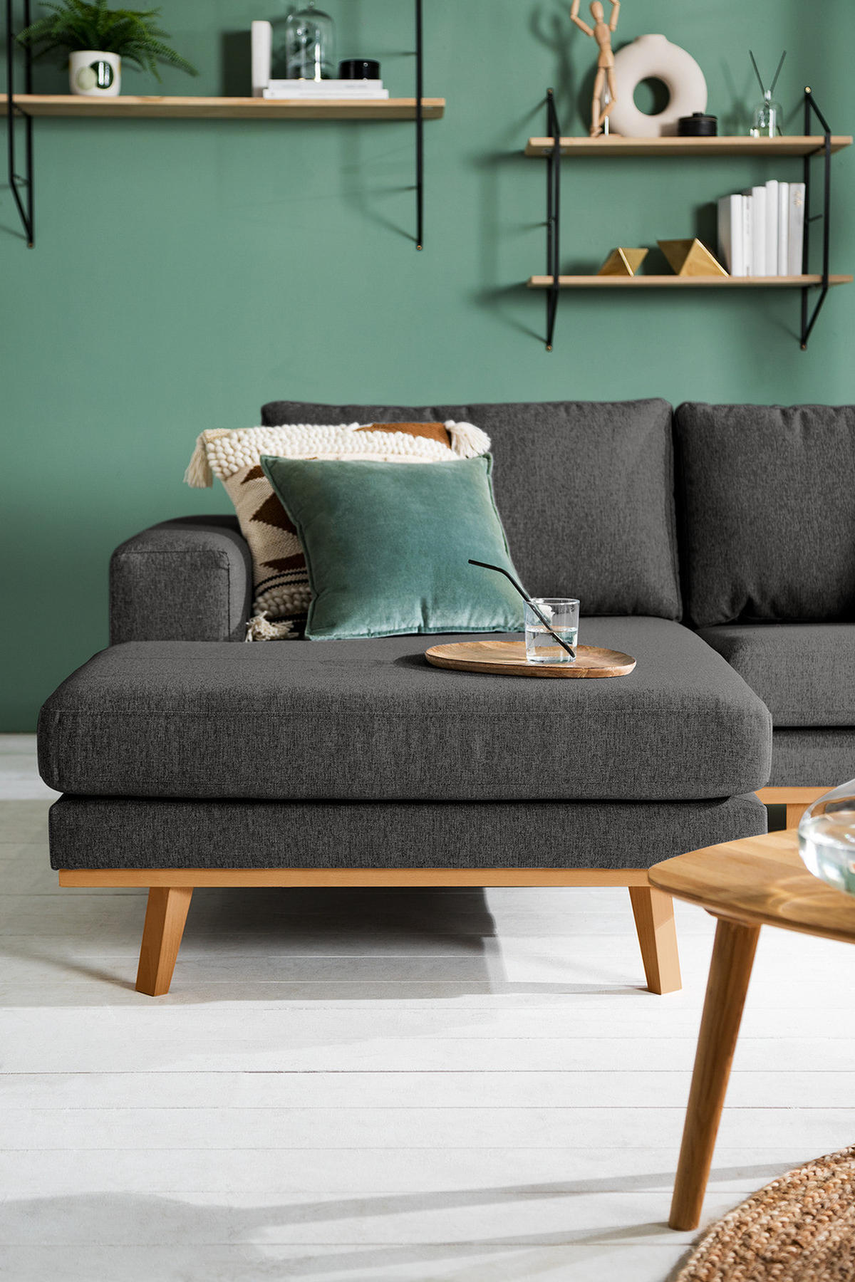 WOHNLANDSCHAFT mit Longchair - Dunkelgrau/Buchefarben, Buchenholz/Textil (371/81/219cm) - home24