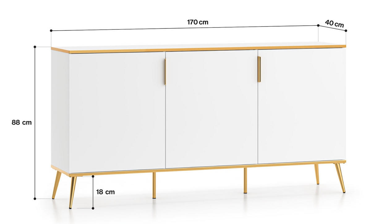 SIDEBOARD Viterbo Alpinweiß matt / goldfarben 170 / 40 / 88cm - Goldfarben/Weiß, Holz/Holzwerkstoff (170/88/40cm) - Feldmann-Wohnen