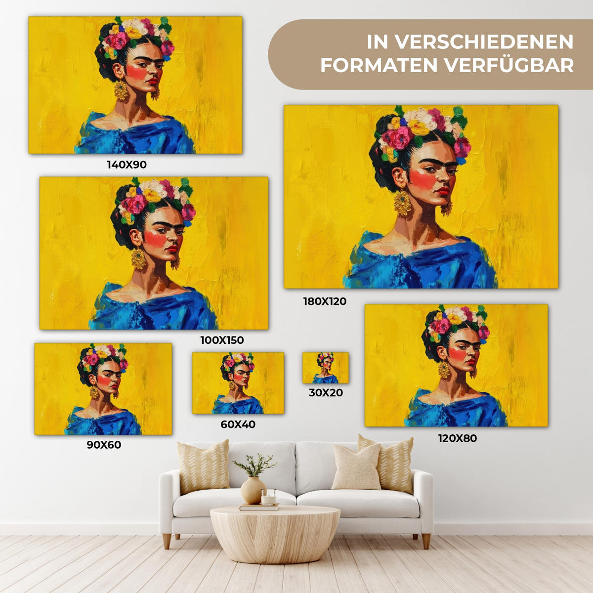 LEINWANDBILD Frida Kahlo - Frau - Gelb - Blau - Blumen Gemälde 60x40 cm - Gelb, Textil (60/40cm) - MuchoWow