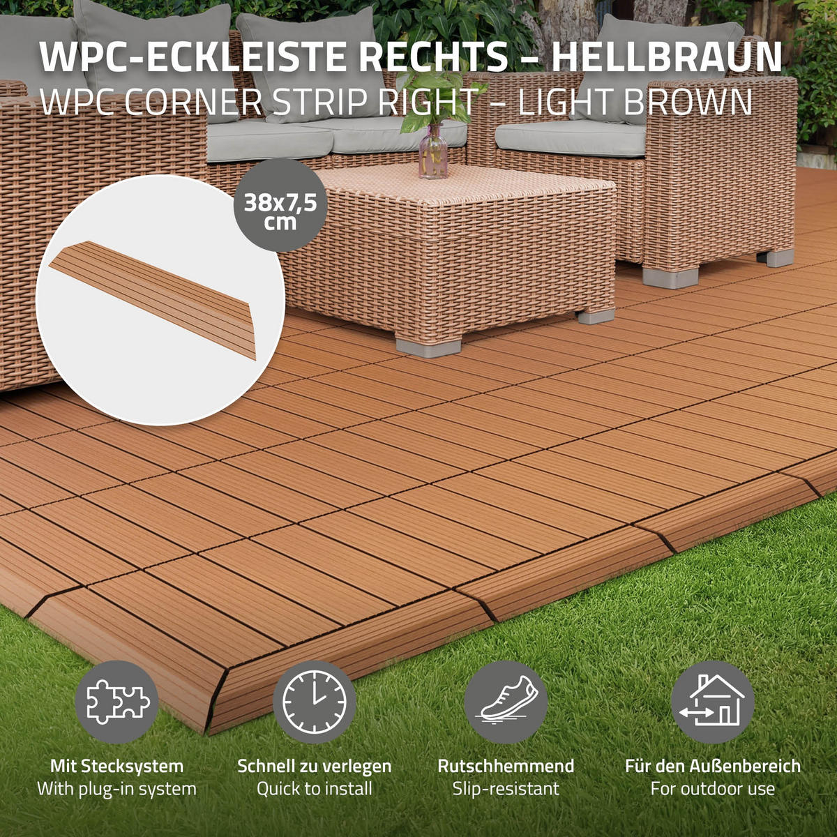 ZÁVĚROVÁ LIŠTA WPC pravý roh světle hnědá - světle hnědá, kompozitní dřevo (38/2/7.5cm) - ML-DESIGN