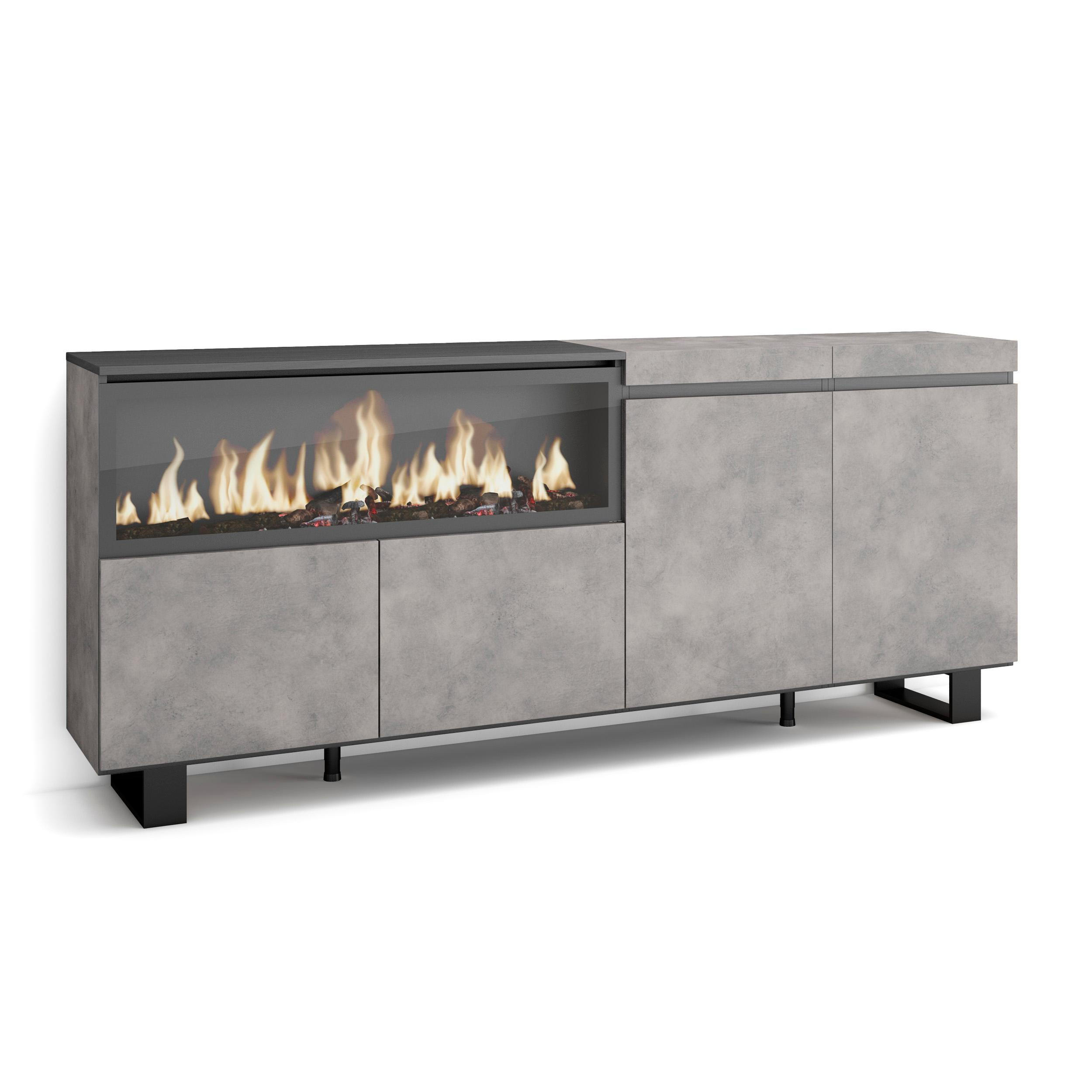 SIDEBOARD Highboard, Elektrokamin XXL, zementgrau, 208/35/87cm - Schwarz/Grau, Holzwerkstoff (208/87/35cm) - Skraut Home