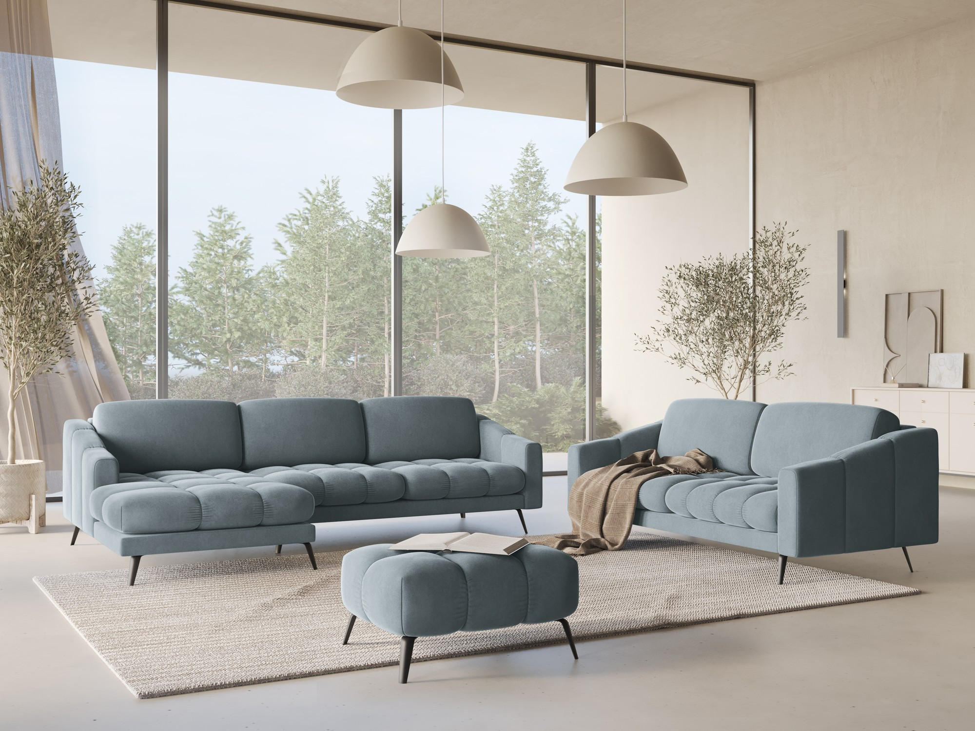 ECKSOFA Links Samt Stoff Blau - Blau/Schwarz, Textil/Metall (160/264cm) - Makamii