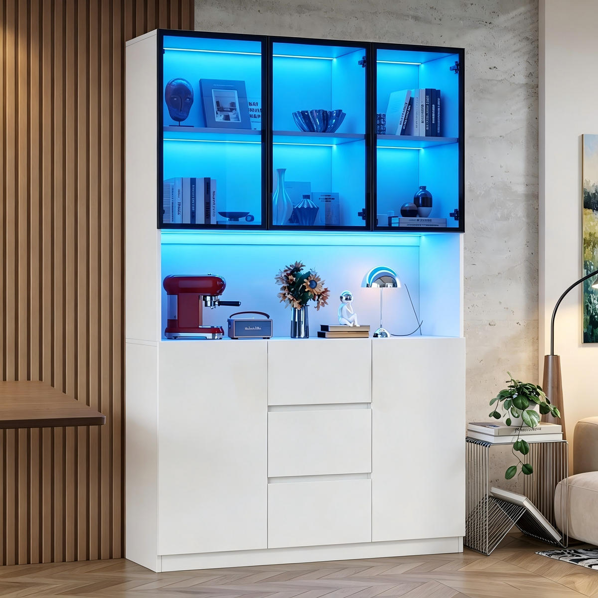 VITRINE LED 200cm 3 Schubladen 2 Türen Weiß - Weiß, Holzwerkstoff (120/200/40cm) - FLIEKS