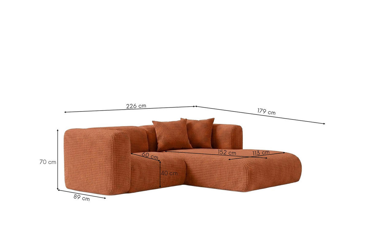 ECKSOFA L-Form mini, Chenille-Stoff Cremona, Kupfer, Rechts, GRETA - Kupferfarben, Holz (226/179cm) - Kaiser Möbel
