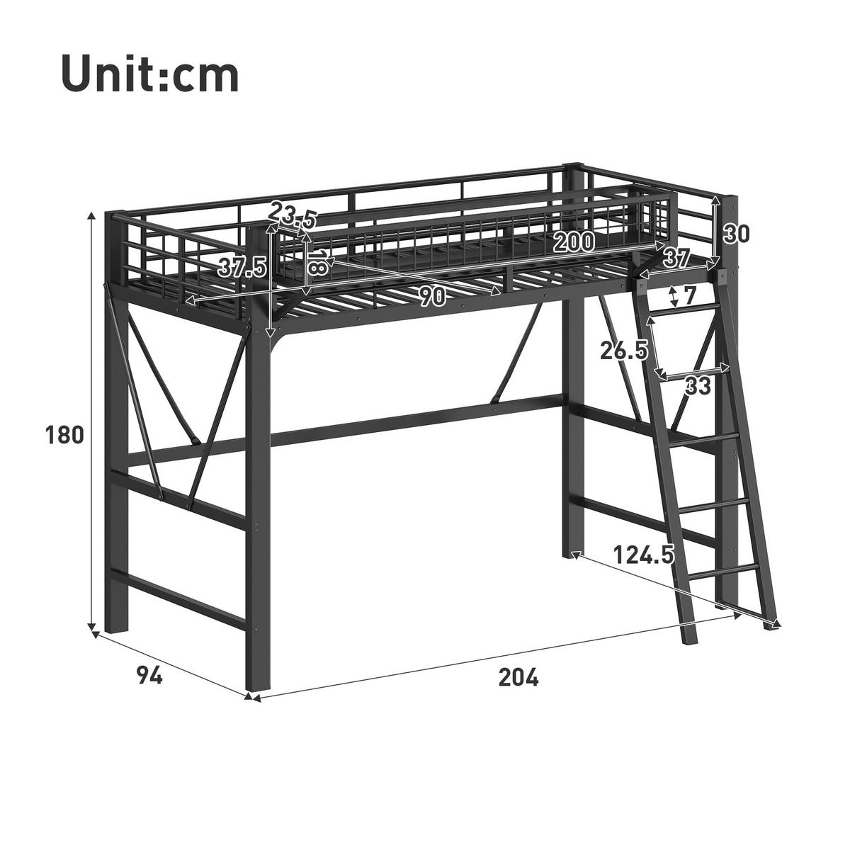 HOCHBETT 90/200 cm in Schwarz mit Stauraum, LED und Sicherheitsgitter aus Metall - Schwarz, Metall - STILVORA