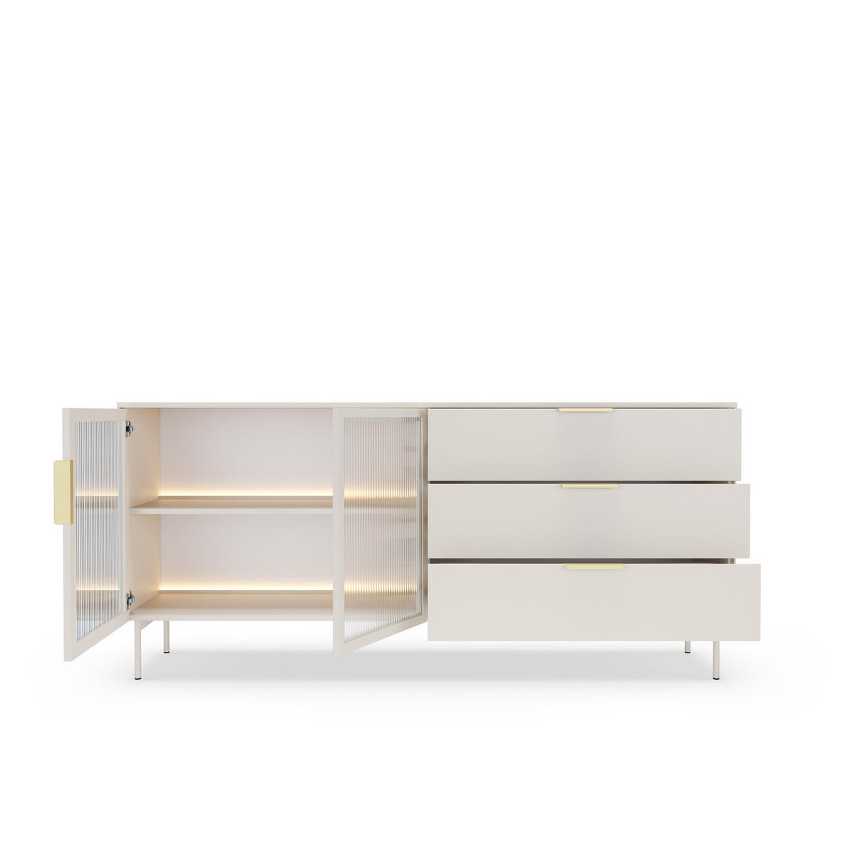 SIDEBOARD LUMI 181 cm Kaschmir - mit 2 Glastüren (links) und 3 Schubladen (rechts) - Kaschmir/Goldfarben, Holz/Holzwerkstoff (181/83/39cm) - Ravio
