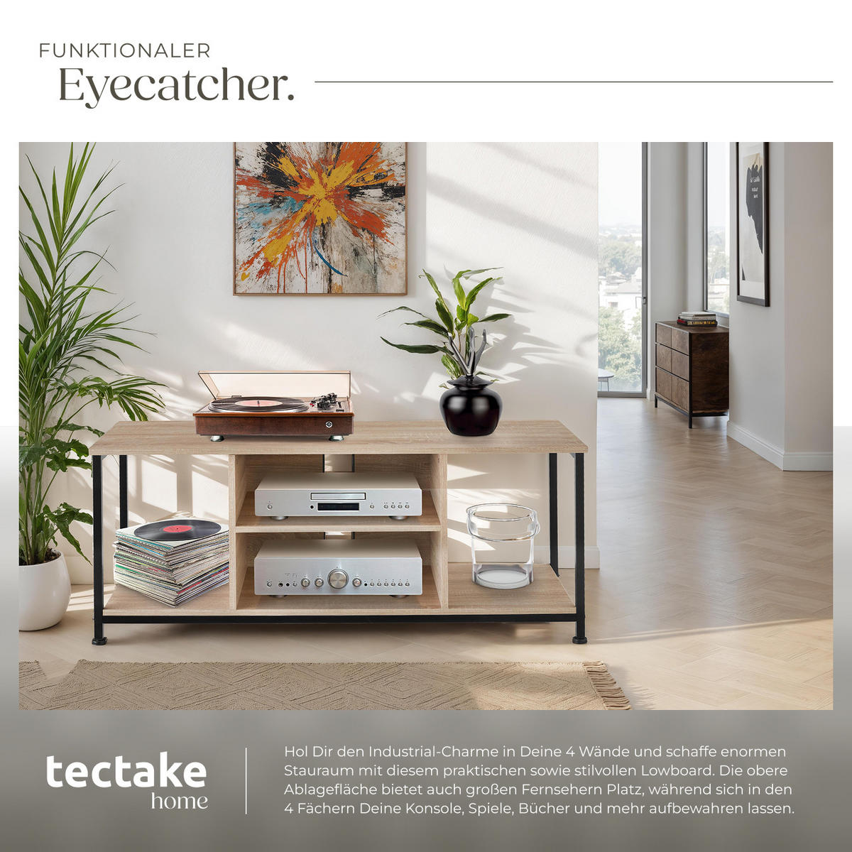 TV-REGAL Denver,120 x 40 x 50,5 cm,Industrial Holz hell, Eiche Sonoma - Naturfarben, Holzwerkstoff (40/50.5/120cm) - tectake