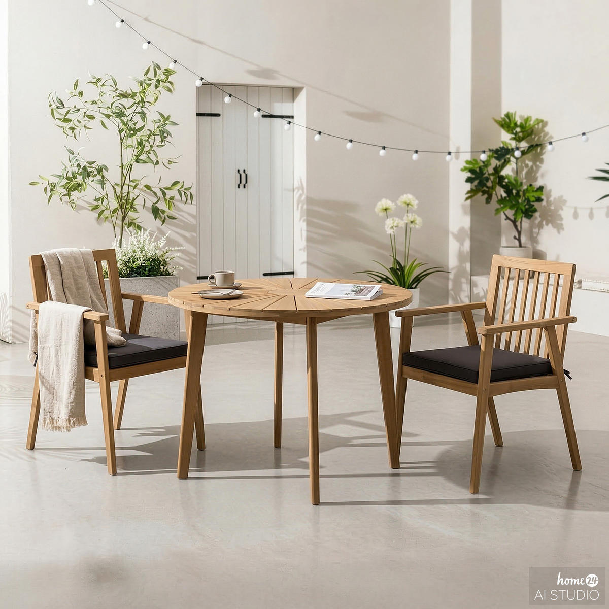 GARTENESSGRUPPE - Akazie massiv / Polyester - Braun / Grau - 3-teilig - Braun/Grau, Holz/Textil - home24