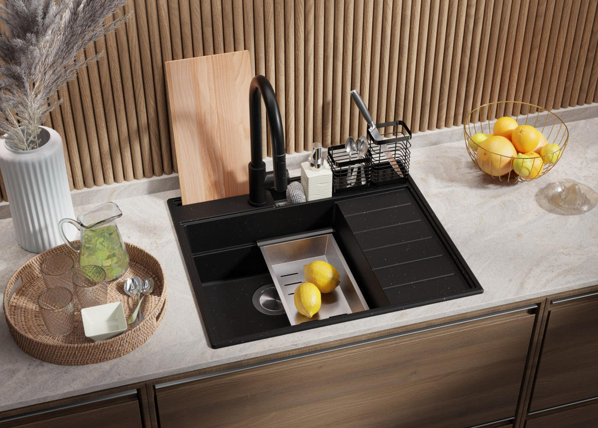 SPÜLBECKEN Sydney Pocket, 2-er set Schwarz Metallic 62/53 cm 1 Becken + Ablauf-Set + Küchenzubehörset ab 45er Unterschrank - Chromfarben/Schwarz Hochglanz, Kunststoff (62/20/53cm) - Primagran