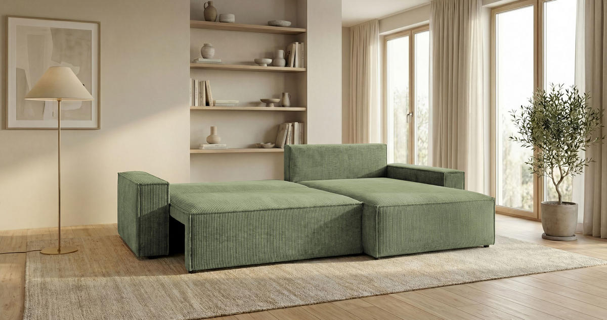 ROHOVÁ pohovka VIENNA pravá světle zelená manšestr Poso 47 - funkce spaní, úložný prostor - světle zelená, textil (285/184cm) - Cornero