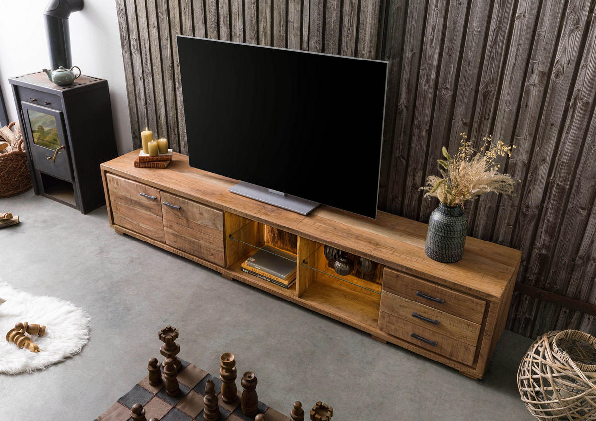 TV-BOARD Akazie 235x40x47 natur lackiert BARK #116 - Naturfarben, Holz (235/47/40cm) - Massivmoebel24