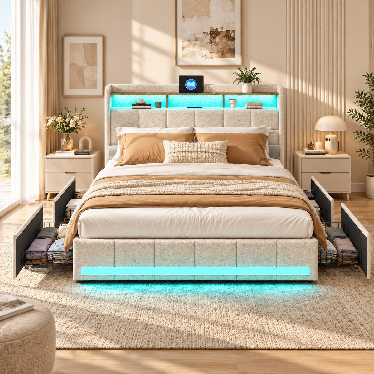 POLSTERBETT,BETT 140/200 mit Schubladen und LED&Ladefunktion,Beige - Beige, Holz/Textil (140/200cm) - PARAFTA HOME