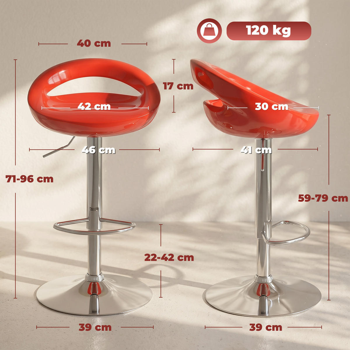 BARHOCKER 2er-Set DE-14781 höhenverstellbar mit Rückenlehne Rot - Rot, Metall (41/96/46cm) - ComfortXL