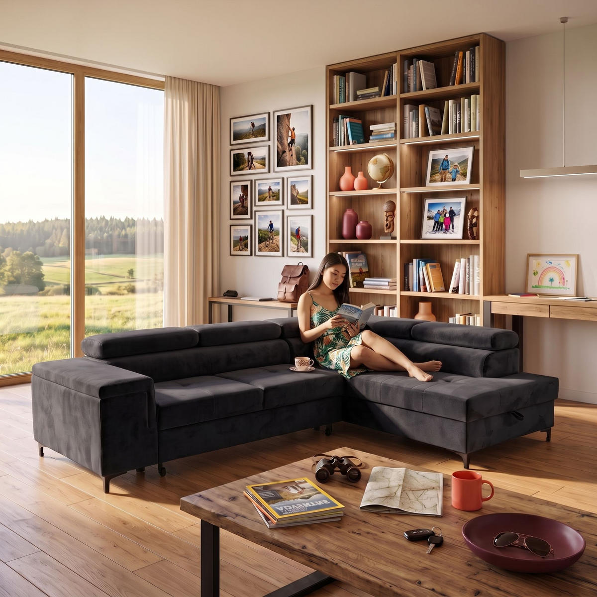 ECKSOFA WILLIAM L Rechts mit Schlaffunktion 127x195 Velours Schwarz - Silberfarben/Schwarz, Holz/Textil (203/275cm) - Muffo