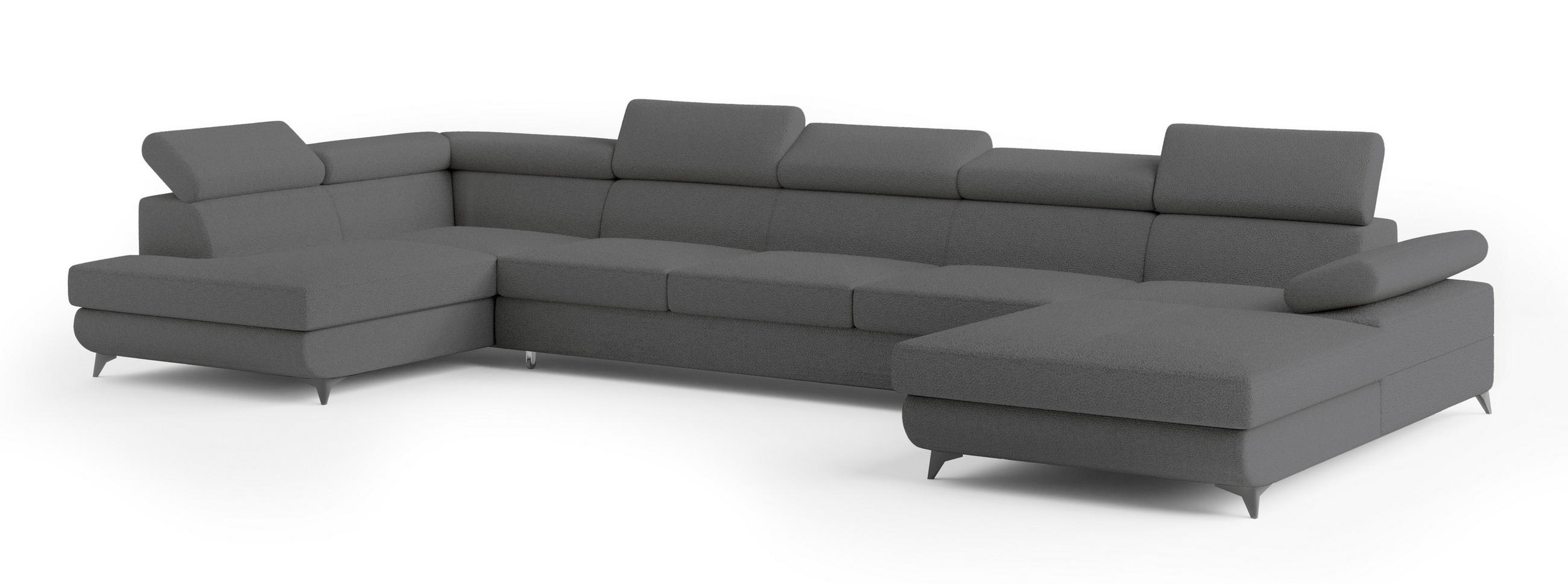 WOHNLANDSCHAFT MONTIVA Grau Boucle-Stoff mit Schlaffunktion - Grau, Holz (410/89/190cm) - MASSENO