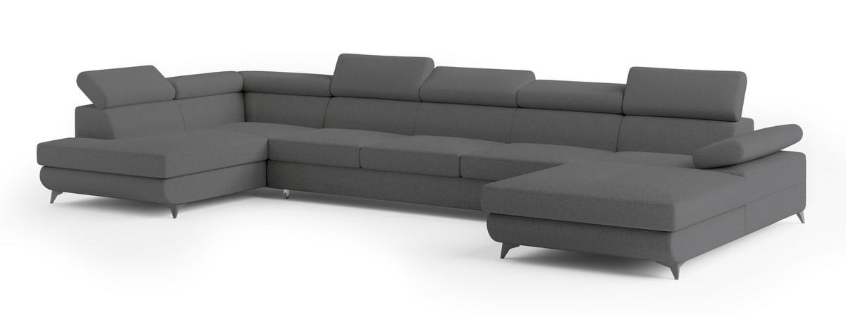 WOHNLANDSCHAFT MONTIVA Grau Boucle-Stoff mit Schlaffunktion - Grau, Holz (410/89/190cm) - MASSENO